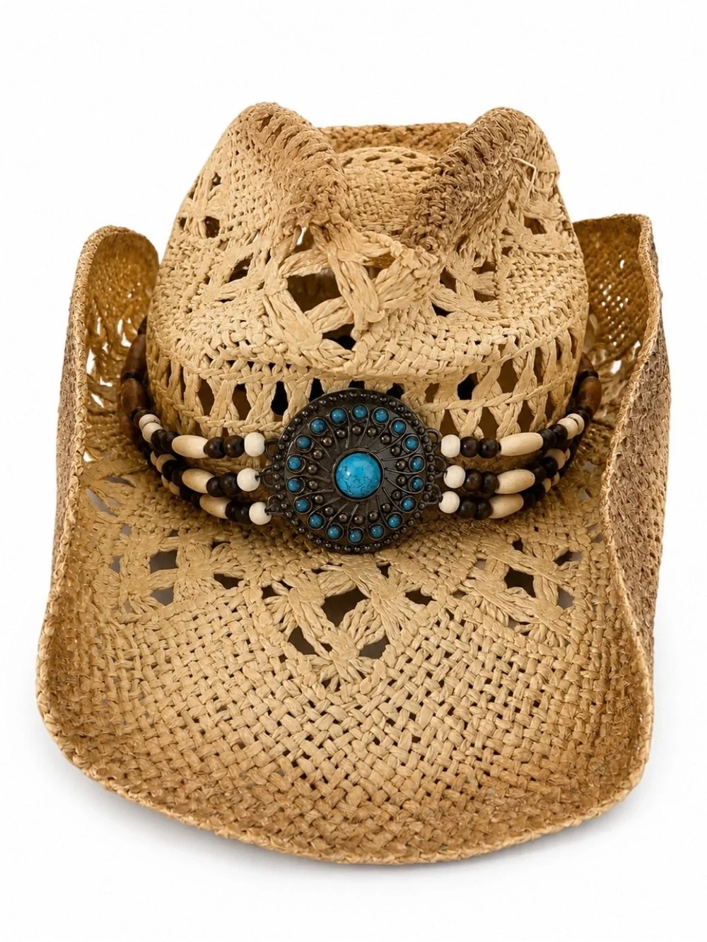 Woman’s Straw Beaded Cowboy Hat with Turquoise Accent - Natural.